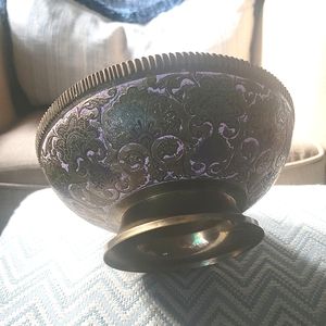 Vintage brass & enamel etched pedestal bowl decorative - pink gold